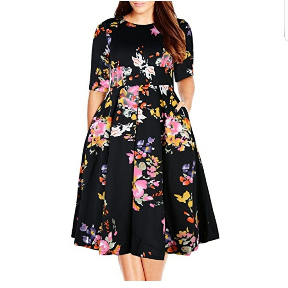 Vintage 50s 1/2 Sleeve Floral Cocktail Swing Dress